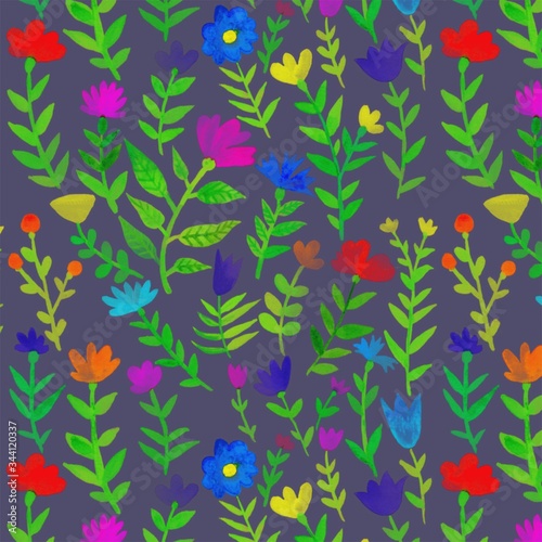 Seamless pattern. Flowers and plants on a gray background. Illustration for the decor and design of posters, postcards, prints, stickers, invitations, textiles and stationery.