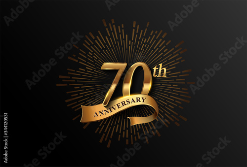 70th anniversary logotype with fireworks and golden ribbon, isolated on elegant background. vector anniversary for celebration, invitation card, and greeting card