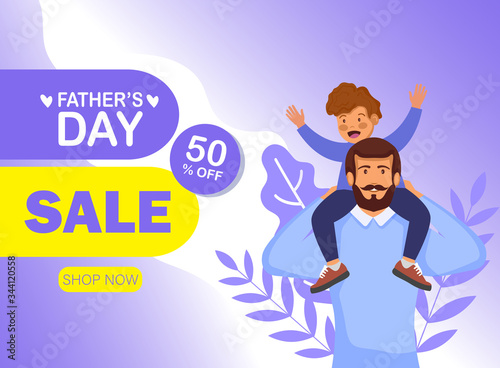 Happy Father's Day celebration. Creative website header Clearance Sale with Flat Discount Offer, Vector illustration of cute boy hugging his father for Happy Father's Day celebration.