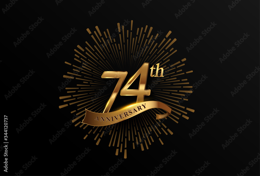 Naklejka premium 74th anniversary logotype with fireworks and golden ribbon, isolated on elegant background. vector anniversary for celebration, invitation card, and greeting card