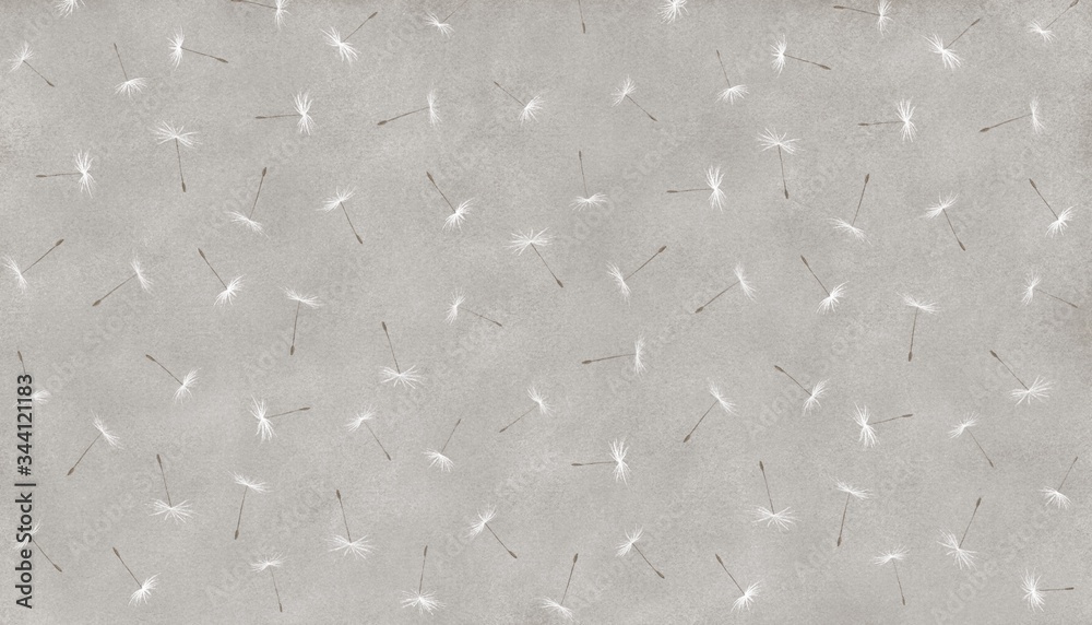 gray background with white dandelions. illustration for print, use in design. texture with fluff from dandelions.