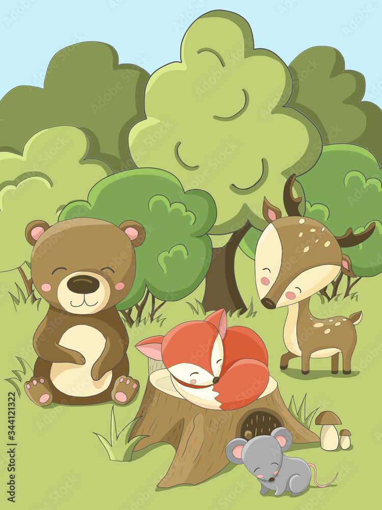 Cute picture forest animals. Bear, fox, deer, mouse. Trees, stump, bush, mushrooms, grass. Colorful, bright, happy. perfect for design of children birthday, baby room. Cute picture forest animals. Bear, fox, deer, mouse. Trees, stump, bush, mushrooms, grass. Colorful, bright, happy. perfect for design of children birthday, baby room.