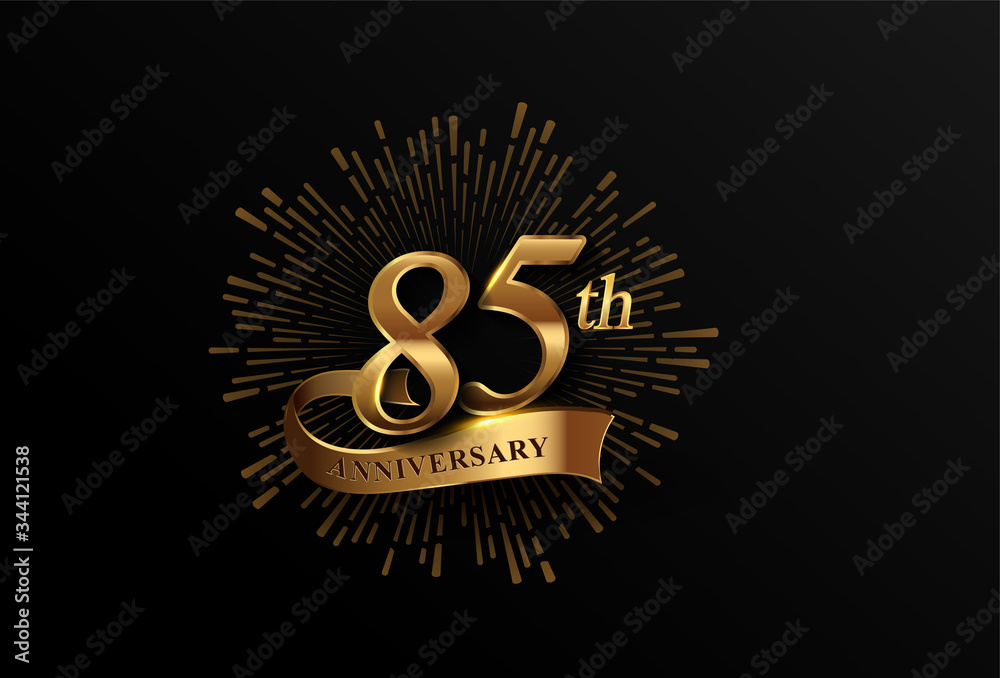 Fototapeta premium 85th anniversary logotype with fireworks and golden ribbon, isolated on elegant background. vector anniversary for celebration, invitation card, and greeting card