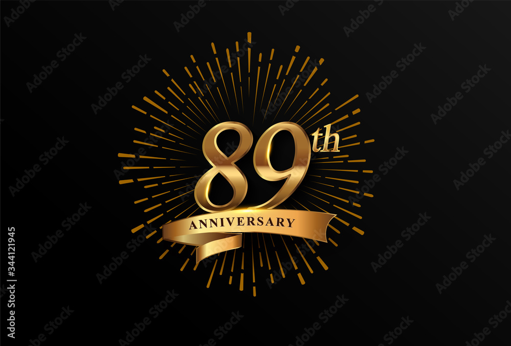 Naklejka premium 89th anniversary logotype with fireworks and golden ribbon, isolated on elegant background. vector anniversary for celebration, invitation card, and greeting card