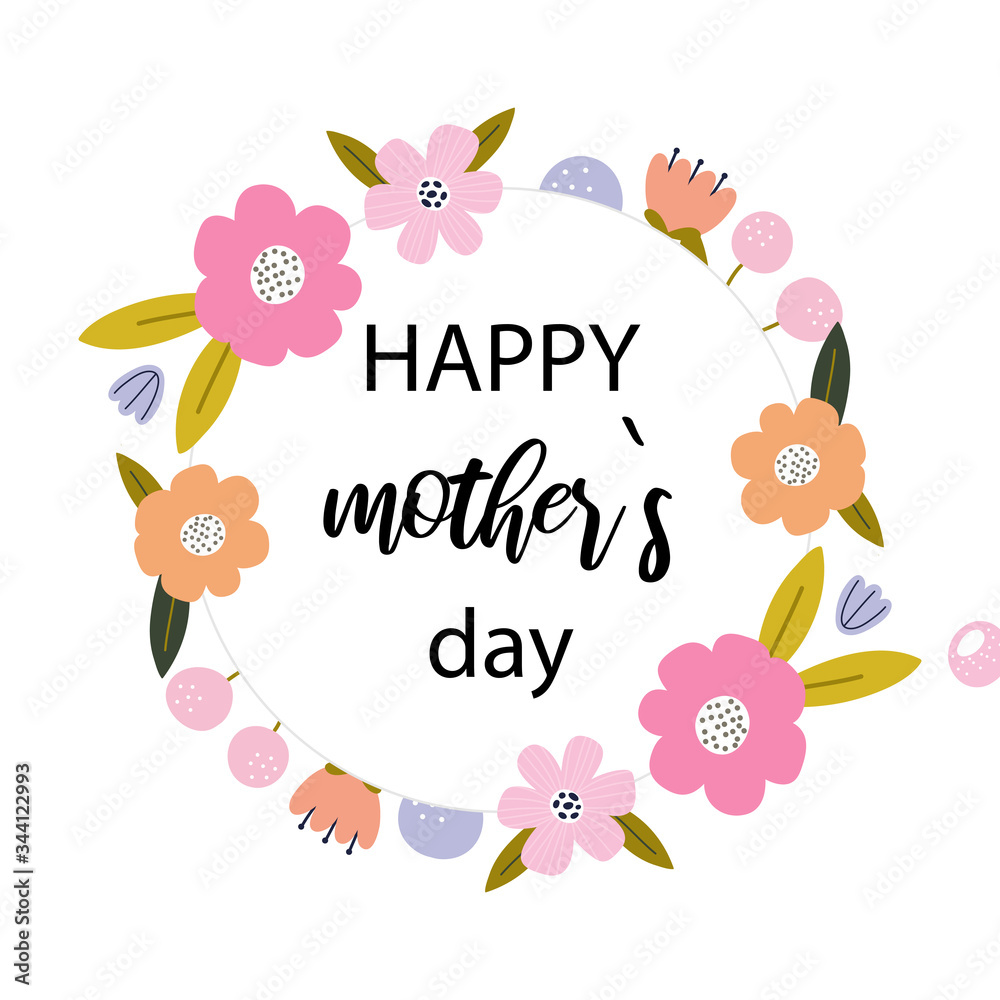 Happy Mother’s Day greeting design with flowers, peonies, petals, leaves. Vector illustration. Ideal for postcard, card, poster, flyer etc.
