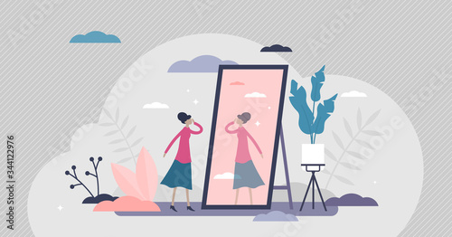 Self absorption concept, flat tiny person vector illustration