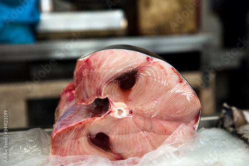 Tuna steaks at fish market