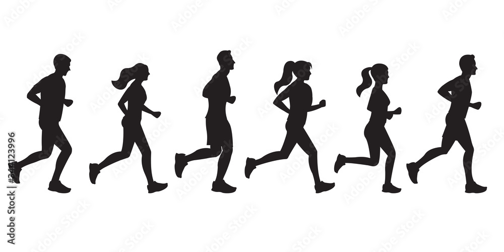 Running people silhouettes. Run concept. Men and Women jogging. Marathon race, sport and fitness design template with runners and athletes in flat style. Vector illustration.