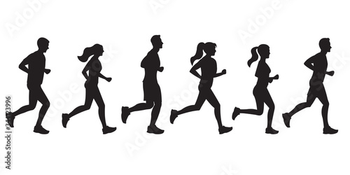 Running people silhouettes. Run concept. Men and Women jogging. Marathon race, sport and fitness design template with runners and athletes in flat style. Vector illustration.