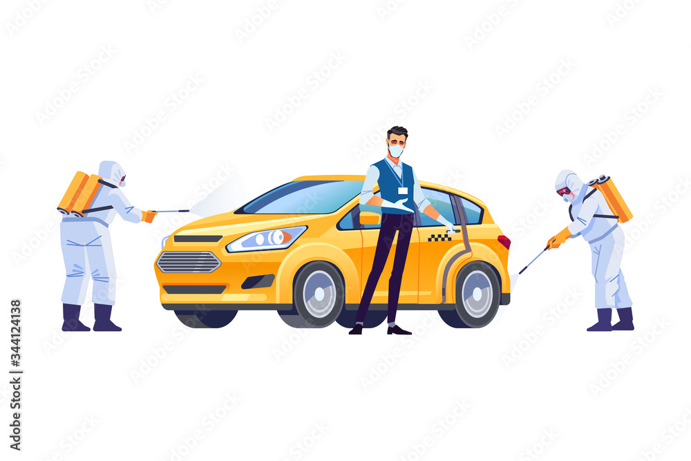 Coronavirus disinfection. Taxi driver in a protective mask and gloves. Covid-19 or Coronavirus pandemic protection. Cartoon style vector illustration isolated on white background
