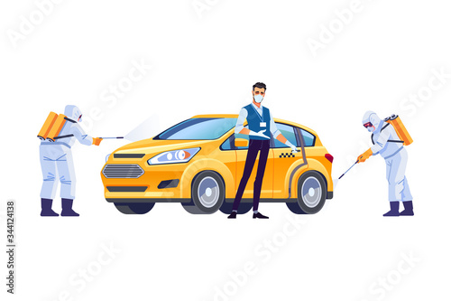 Coronavirus disinfection. Taxi driver in a protective mask and gloves. Covid-19 or Coronavirus pandemic protection. Cartoon style vector illustration isolated on white background