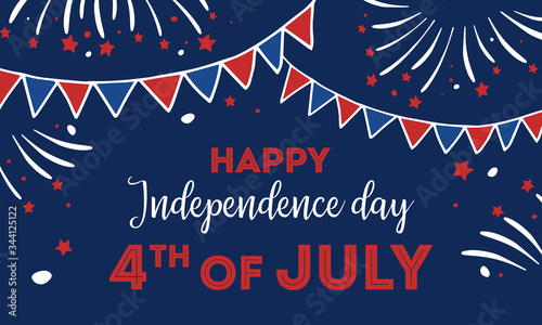 USA Independence day design template with fireworks and flags. Hand drawn vector sketch illustration