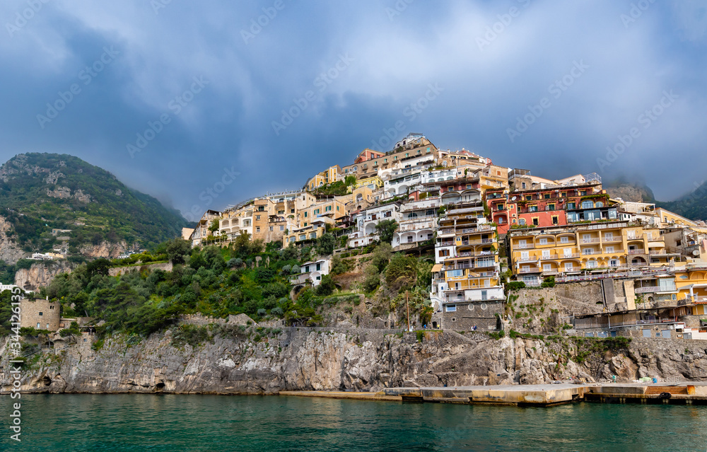 Sea view of  colorful buildings  in Positano town  at  Amalfi Coast, Italy.