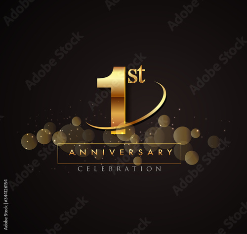 1st golden anniversary logo with swoosh and sparkle golden colored isolated on elegant background, vector design for greeting card and invitation card photo