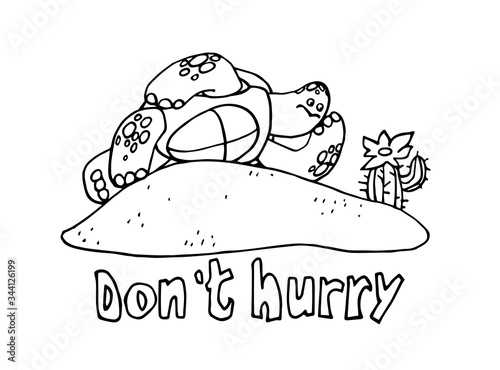 turtle resting on the sand with a cactus, the concept of vacation, procrastination, laziness, vector illustration with black contour lines isolated on a white background in a doodle & hand drawn style