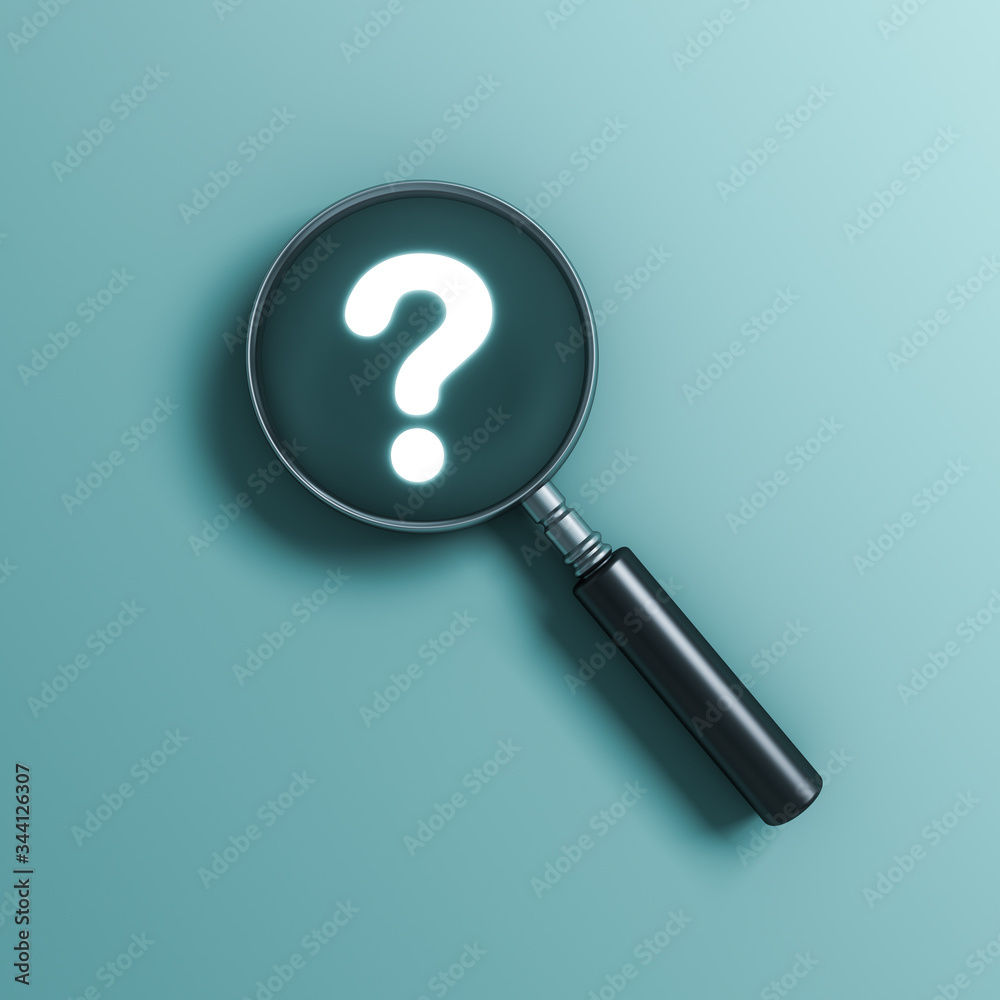 Magnifying glass and Neon light question mark isolated on green blue pastel color wall background with shadows 3D rendering Magnifying glass and Neon light question mark isolated on green blue pastel color wall background with shadows 3D rendering