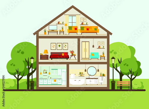 House in a cut. Detailed modern home interior. rooms with furniture. flat vector illustration
