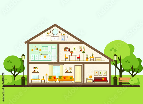 House in a cut. Detailed modern home interior. rooms with furniture. flat vector illustration
