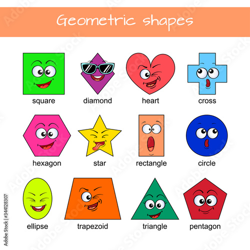 Learn geometric shapes. Geometric shapes with cartoon face. Educational material for preschool kids. Square, heart, triangle, hexagon, circle, star, trapezoid, diamond, cross, rectangle, ellipse, pent