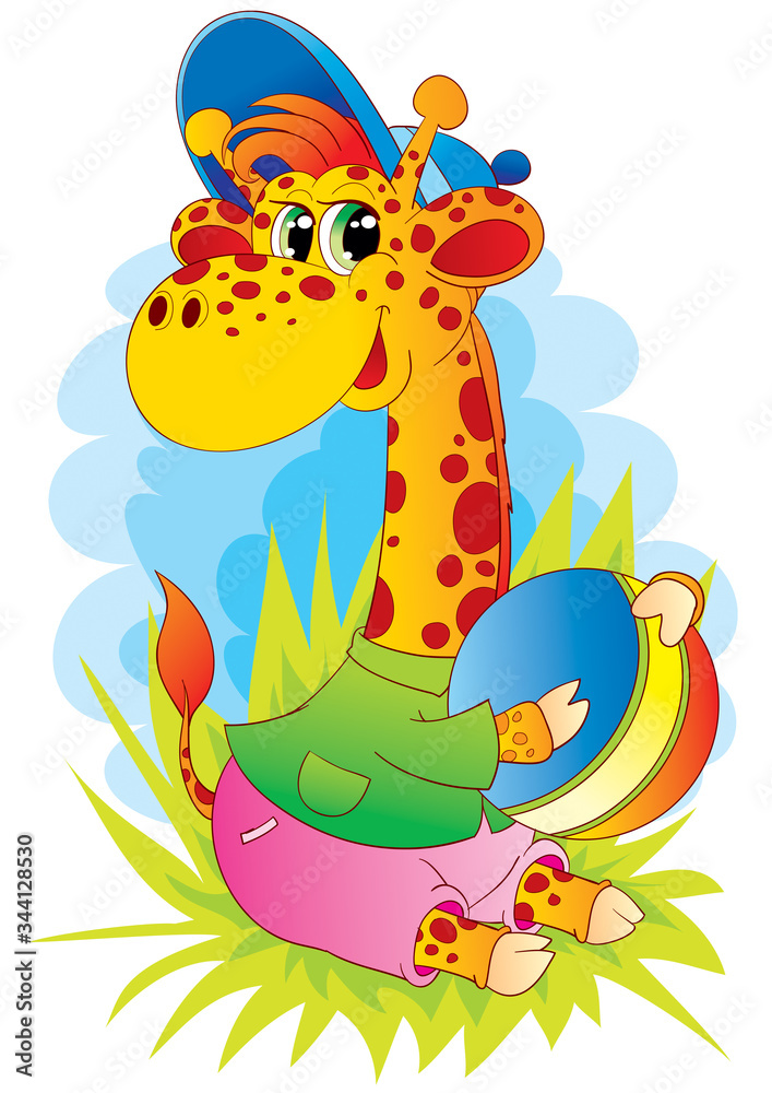 Naklejka premium cute giraffe character in a T-shirt and shorts with a cap on his head sits on the lawn and holds a toe in his hands, vector illustration,