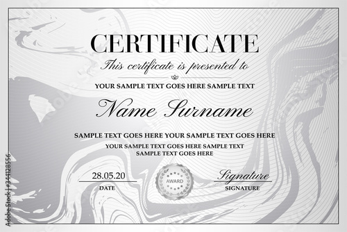 Certificate template with abstract liquid background (marble). Silver design with lines (guilloche pattern) useful for Diploma, certificate of appreciation, achievement and any award