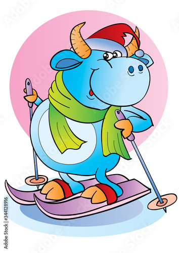 character of a bull in a hat skiing in winter, isolated object on a white background, vector illustration,