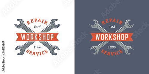 Set of color illustrations crossed wrenches, ribbon and text on a colored background. A vector illustration advertises equipment repair service workshop. Workshop logo.