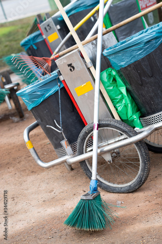 Set of street cleaning - broom, rubbish bag and dustpan