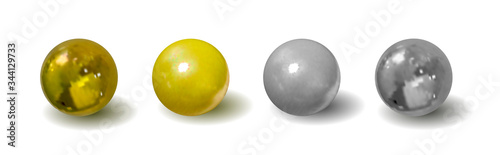 Vector group of a silver and golden balls with shadows isolated on white background, metallic realistic 3D objects set.