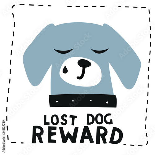 Lost puppy reward message poster. Crying dog flat vector illustration. Home pet search. Wall  art with cute animal.   