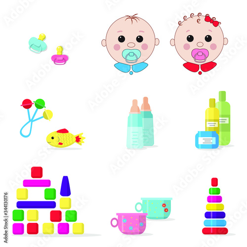 Two babies - girl and boy, milk bottles, dummy pacifiers, set for babies skin care, baby pots and toys isolated on white background. Vector. EPS10.