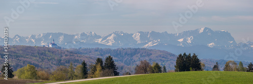 Wetterstein mountain range with Zugspitze and Kloster Andechs