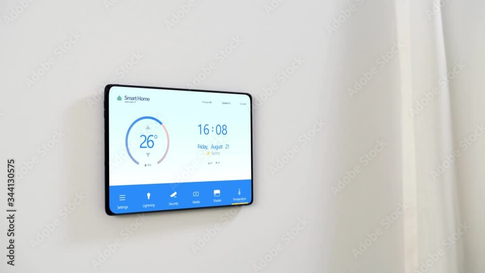 automation, internet of things and technology concept - tablet pc computer with smart home settings on screen on wall automation, internet of things and technology concept - tablet pc computer with smart home settings on screen on wall