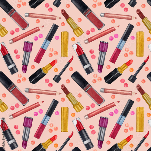 Watercolor make up seamless pattern.Hand drawn seamless cosmetics pattern with lipstick, eye shadows, powder, cosmetics texture, brushes, mascara on pink background