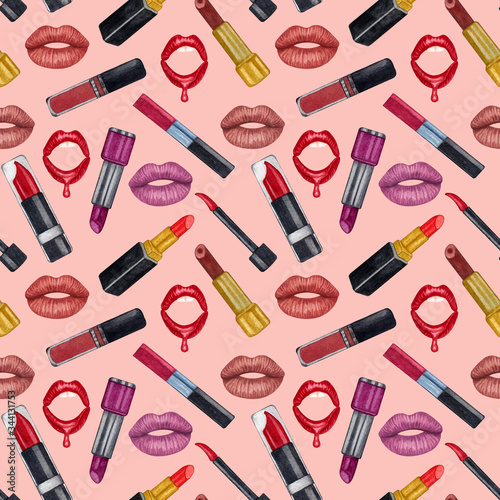 Watercolor make up seamless pattern.Hand drawn seamless cosmetics pattern with lipstick, eye shadows, powder, cosmetics texture, brushes, mascara on pink background