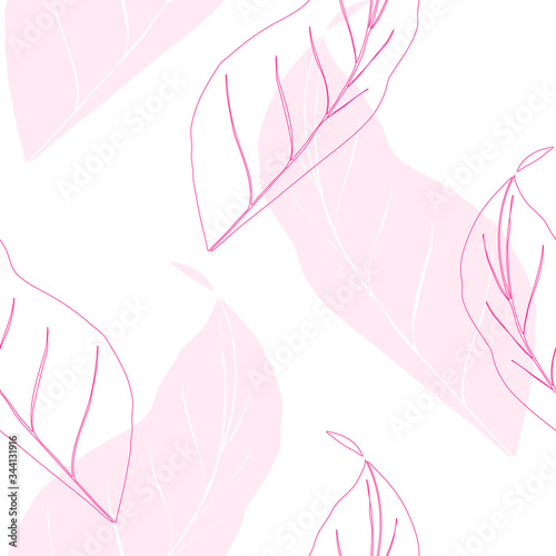 tropical palm leaves pattern, outline leaves seamless
