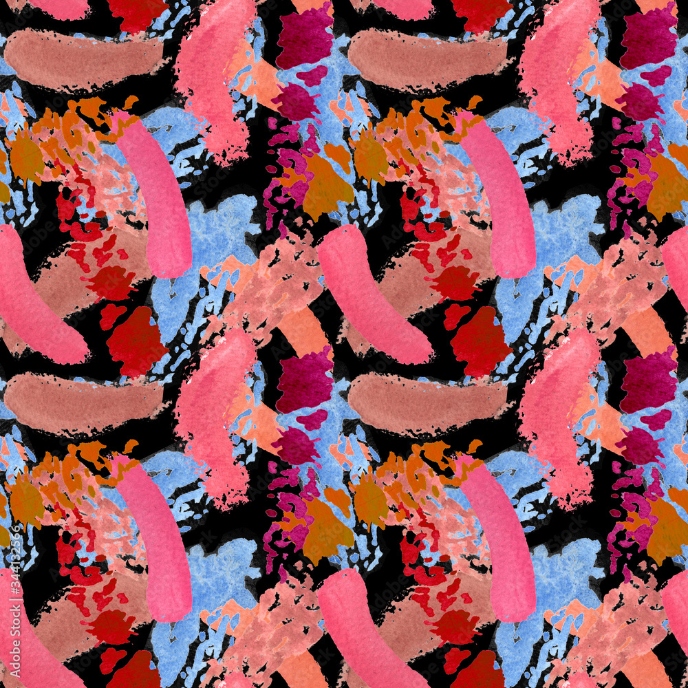 Watercolor make up seamless pattern. Hand drawn seamless cosmetics pattern with lipsticks texture on black background.