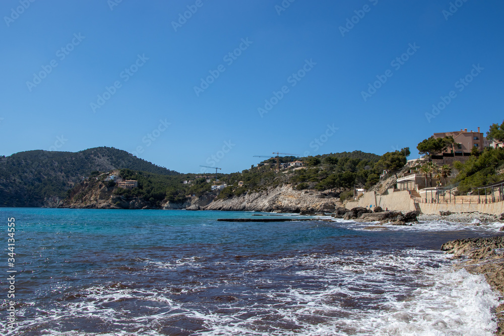Mediterranean Sea Spain, beautiful seascape at the bay of Camp de Mar, Majorca Balearic Islands.