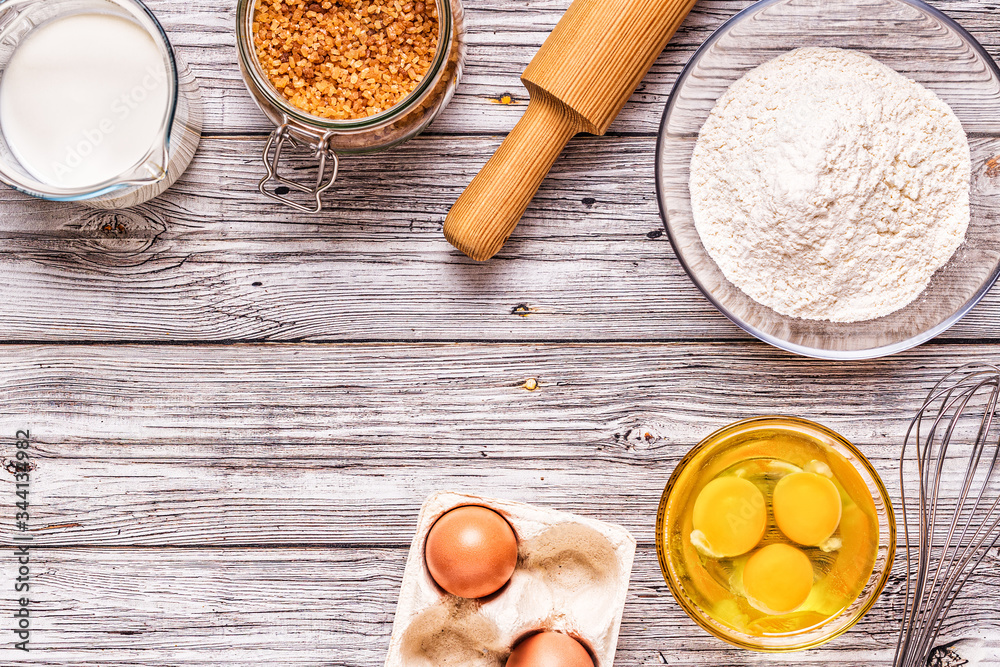 Bakery products -flour, eggs, milk. Bakery products -flour, eggs, milk.