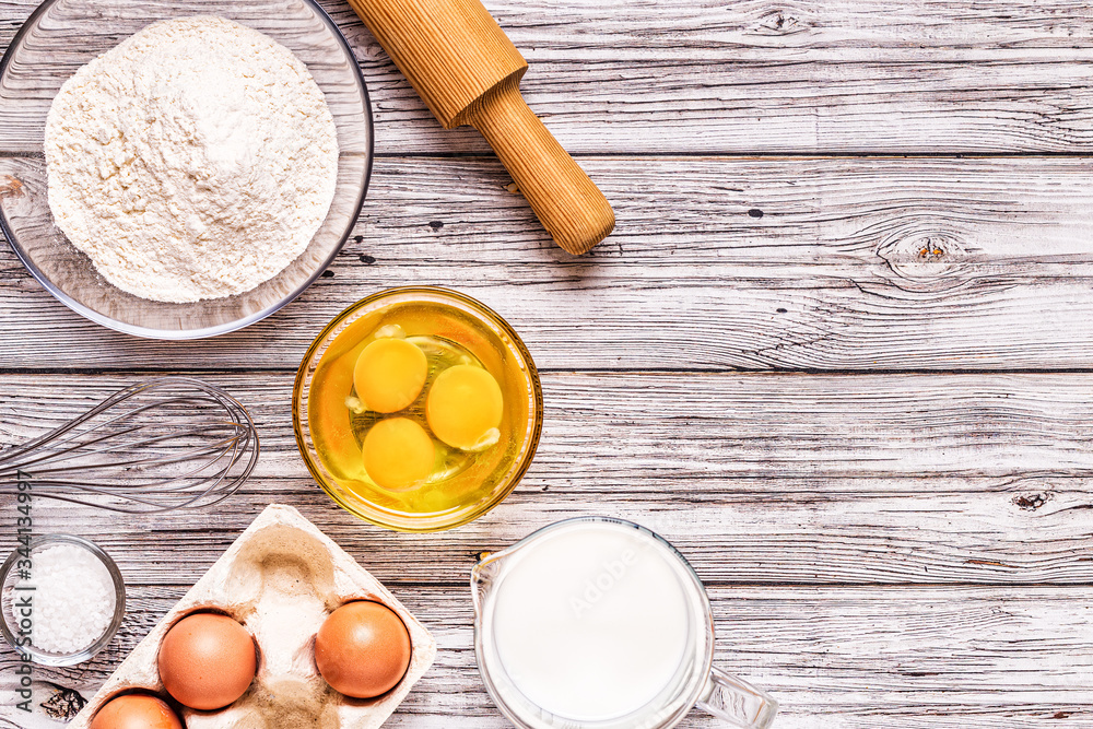 Bakery products -flour, eggs, milk. Bakery products -flour, eggs, milk.