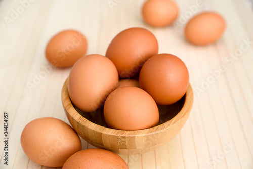 Eggs, Brown, Fresh, Isolated, Wooden Bowl, WoodenBackground.