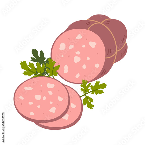 Mortadella Bologna Sausage. Meat delicatessen on white background. Slices of Italian boiled pork sausage bologna. Simple flat style vector illustration.