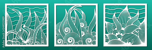 Laser cut panels for cnc plasma cutting. Wall art, decorative room screens, home decor. Underwater nautical pattern with sea weeds and seashells. For metal or wood carving. Vector illustration