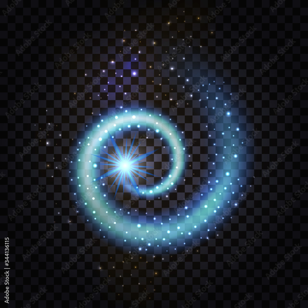 Blue magic spiral swirl. Glowing wave with light effect and stardust glittering sparkles on transparent background. Night space galaxy. Vector illustration Blue magic spiral swirl. Glowing wave with light effect and stardust glittering sparkles on transparent background. Night space galaxy. Vector illustration