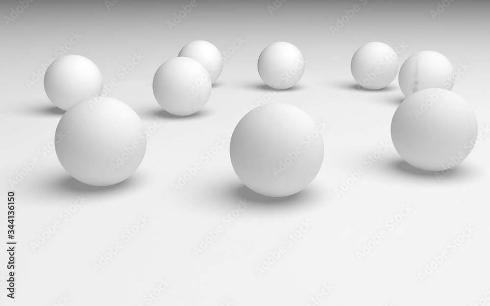 White abstract background. Set of white balls isolated on white backdrop. 3D illustration