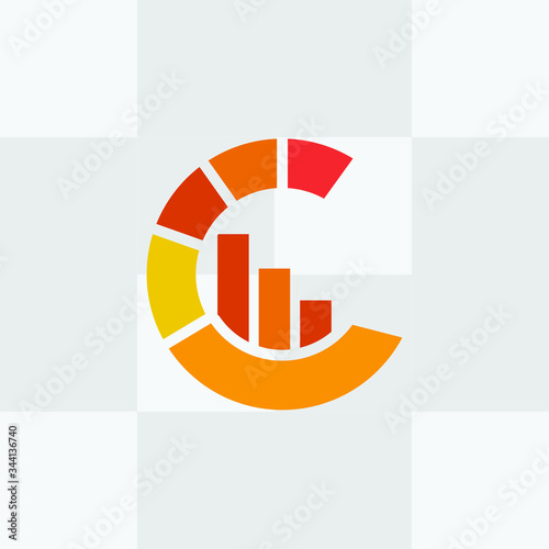 Circle and letter C logo design with down graph bar...