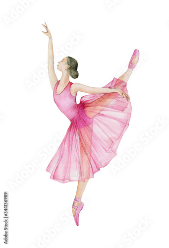 Illustrazione Stock Watercolor illustration. Figure of a ballerina dancing  in a pink dress and pointe shoes. | Adobe Stock