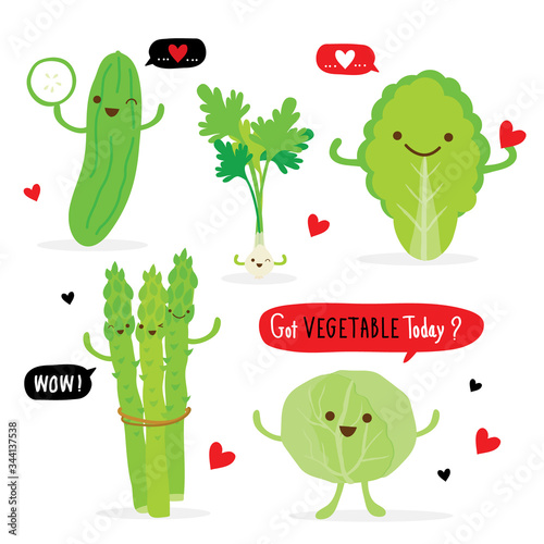 Set of Vegetable Green Color Cartoon Character. asparagus, cucumber, white cabbage, Chinese cabbage and coriander. Vector illustration