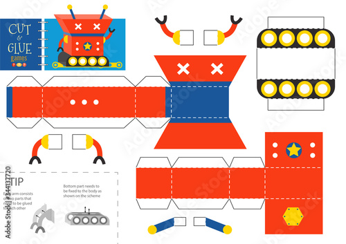 Cut and glue robot toy vector illustration, worksheet.