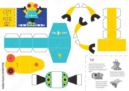 Cut and glue robot toy vector illustration, worksheet.